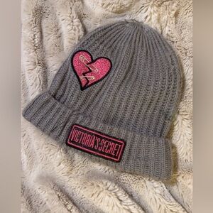Victoria's Secret | Women’s Gray Knit Beanie Hot Pink Black Accents Hat